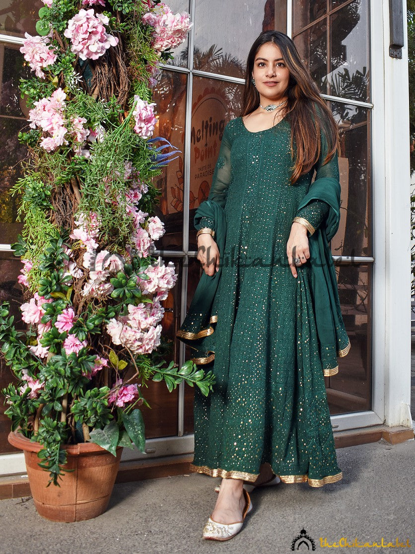 Gungun Uprari Green Shifa Viscose Chikankari Anarkali ,Chikankari Anarkali in Viscose Fabric For Woman