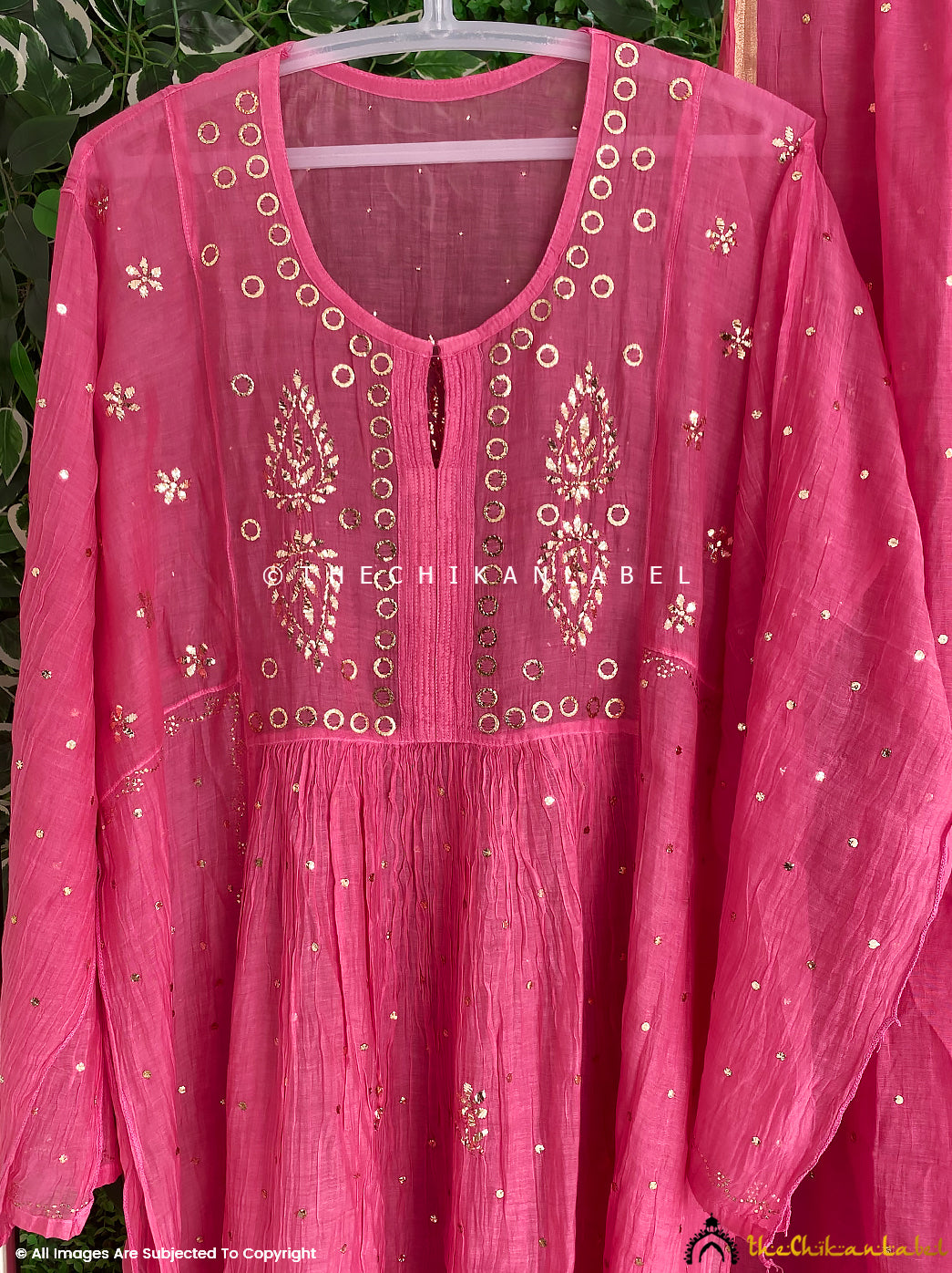 Rani Pink Mayra Mulmul Chanderi Semi-stitched Chikankari Anarkali