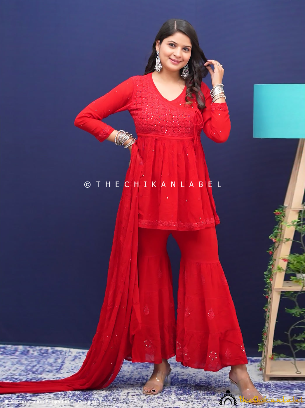 Red Aleena Chikankari Peplum Angarkha Sharara Set