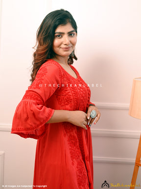Red Falak Modal Chikankari Anarkali