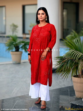 Red Aniya Chanderi Chikankari Straight Kurti