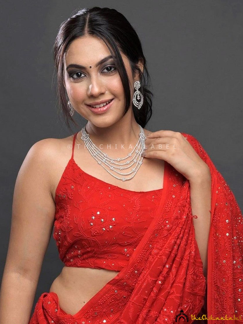 Soudhamini in Red Netted Transparent Saree - Saree Blouse Patterns