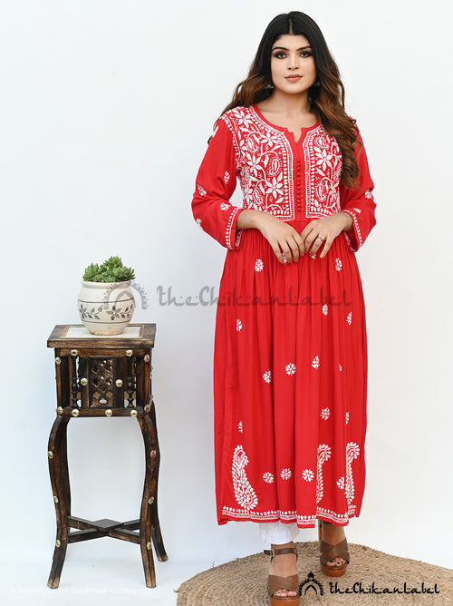 Red Naira Rayon Chikankari Anarkali