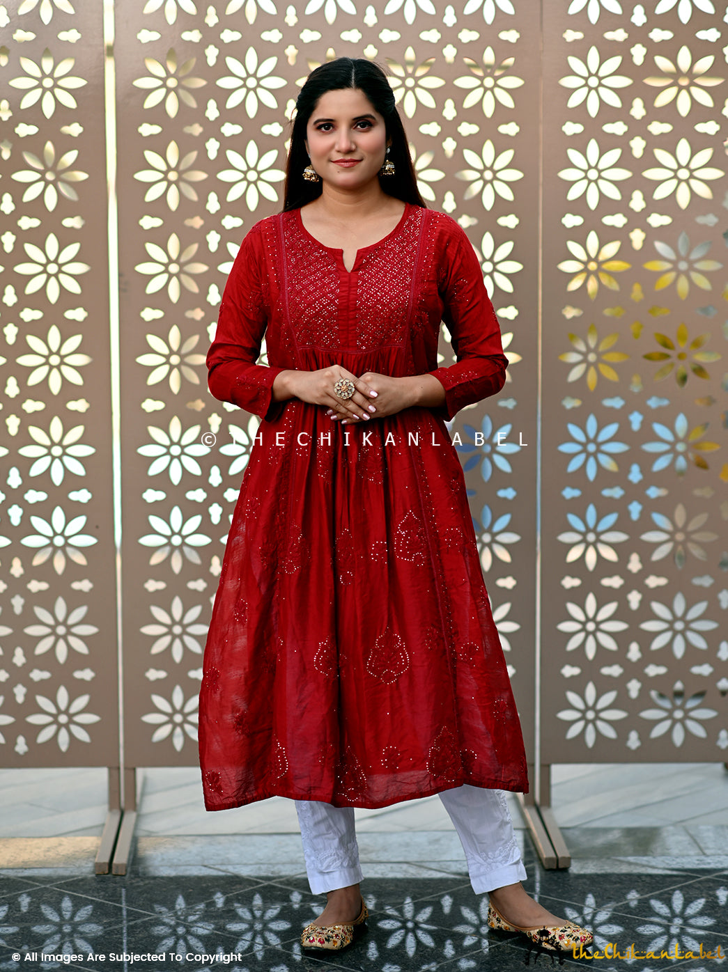 Red Rooh Chanderi Chikankari A-Line Kurti,Chikankari A-Line Kurti in Chanderi Fabric For Woman