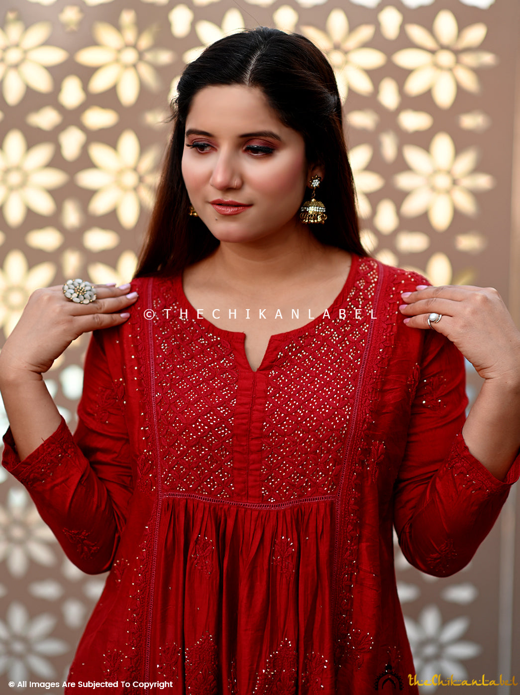 Red Rooh Chanderi Chikankari A-Line Kurti,Chikankari A-Line Kurti in Chanderi Fabric For Woman