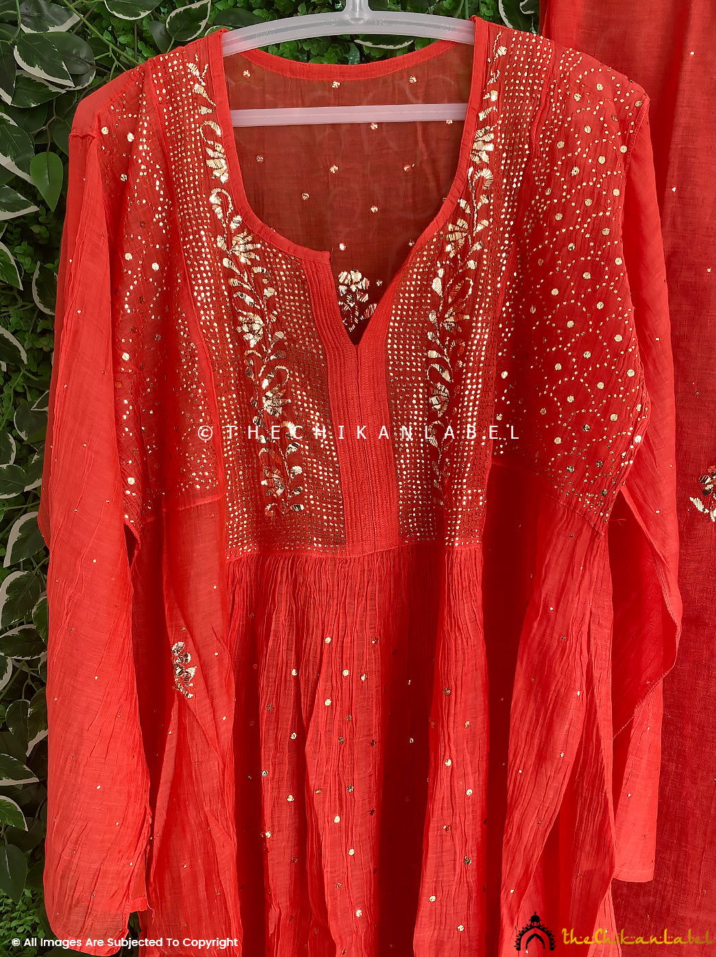 Red Mayra Mulmul Chanderi Semi-stitched Chikankari Anarkali