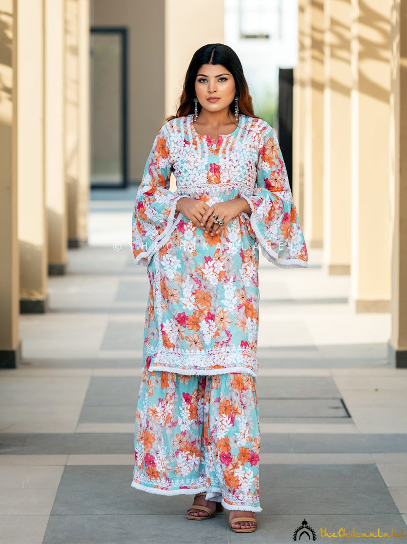 Floral Mulmul Chikankari Kurta,Chikankari Kurta Garara  Set  in Mulmul Fabric for Woman