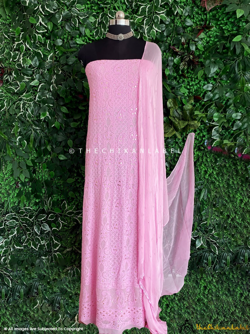 “Unstitched viscose chikankari kurti piece with dupatta featuring handcrafted Lucknowi embroidery and mirror work”