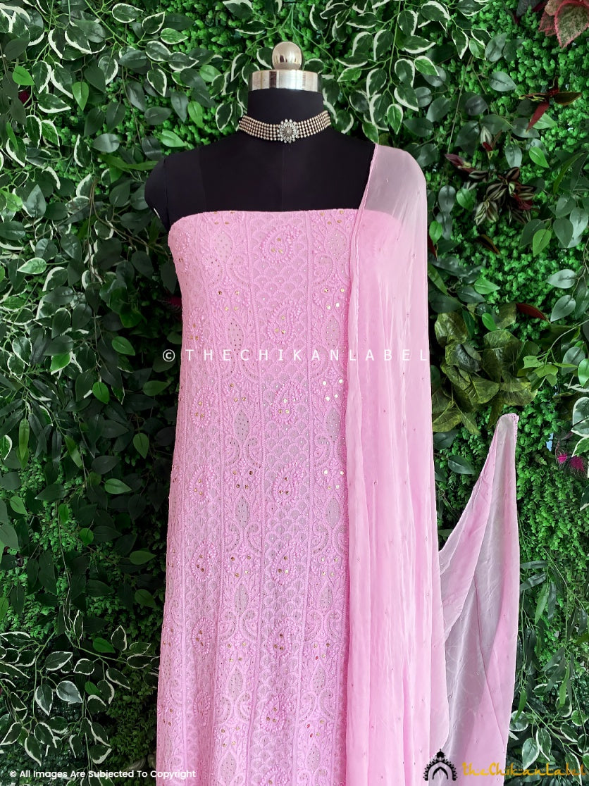 “Premium viscose chikankari kurta fabric with dupatta showcasing traditional floral and paisley embroidery”
