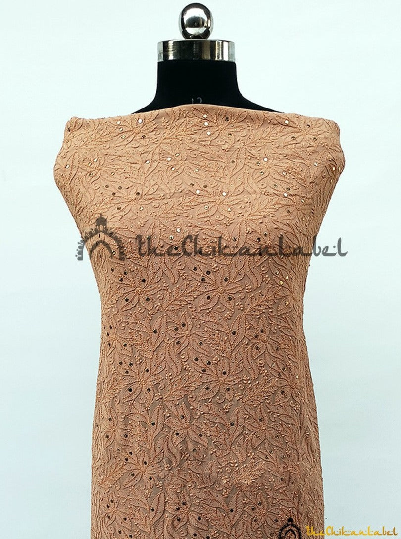 “Premium viscose chikankari kurta fabric with dupatta showcasing traditional floral and paisley embroidery”