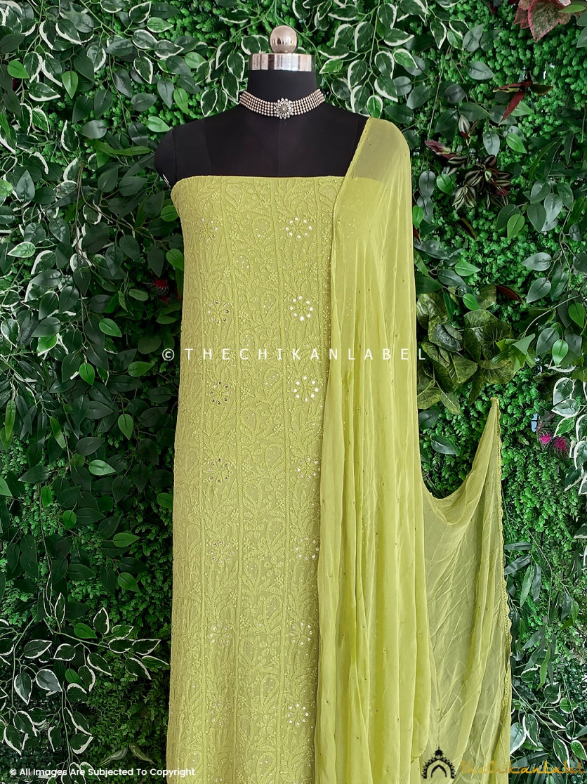 “Premium viscose chikankari kurta fabric with dupatta showcasing traditional floral and paisley embroidery”