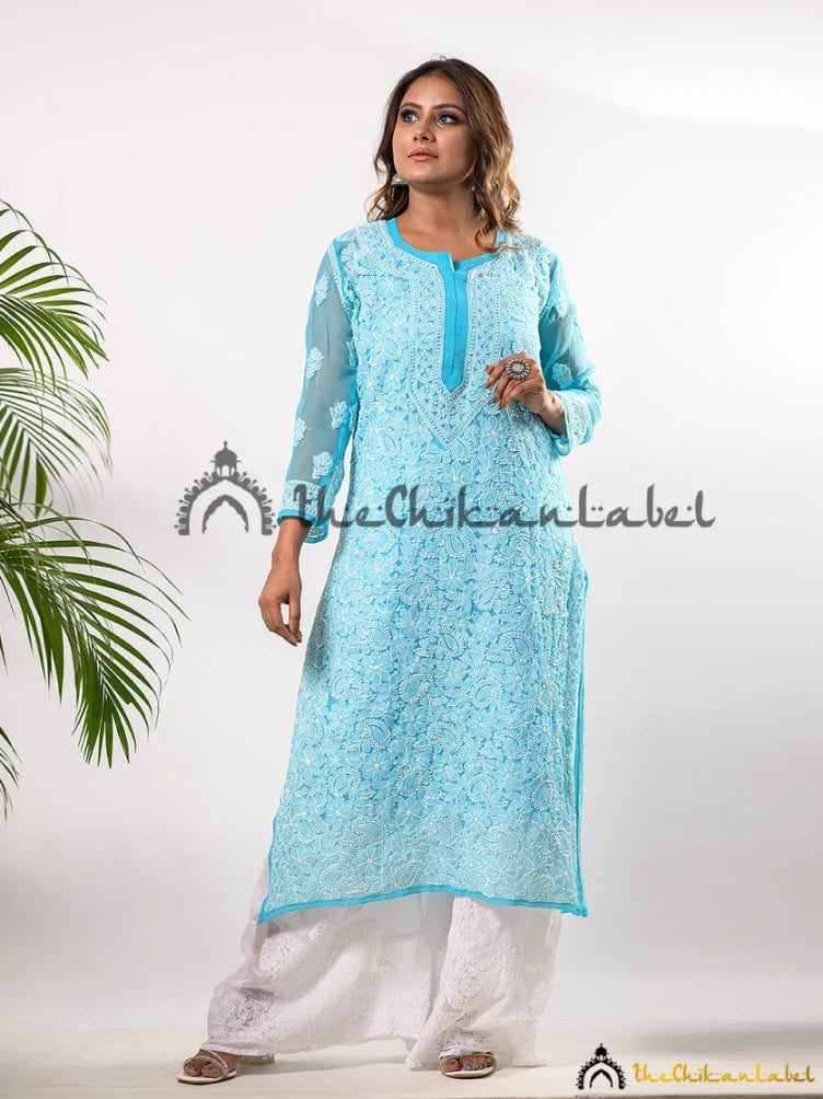 Sky Blue Naaz Georgette Chikankari Straight Kurti ,Chikankari Straight Kurti in Georgette fabric For Woman