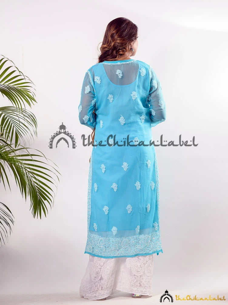 Sky Blue Naaz Georgette Chikankari Straight Kurti ,Chikankari Straight Kurti in Georgette fabric For Woman