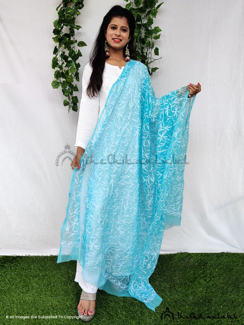 Sky Blue Tepchi Georgette Chikankari Dupatta Lucknawi Chikan