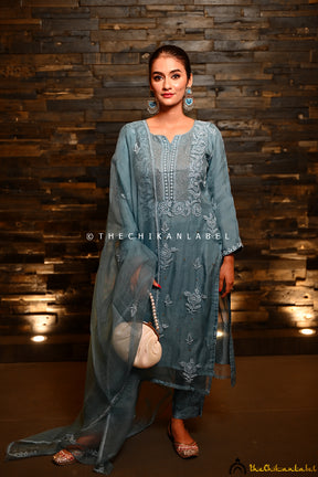 Stone Blue Tahilya Pure Organza Chikankari Kurti Pant Set