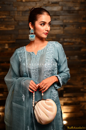 Stone Blue Tahilya Pure Organza Chikankari Kurti Pant Set