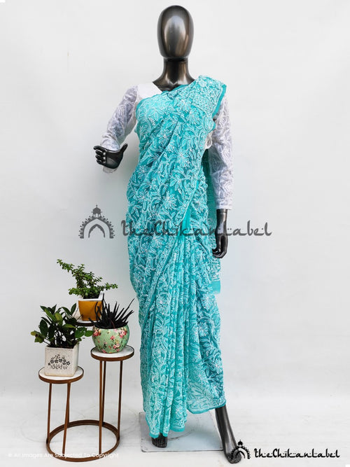 Teal Green Sahida Georgette Chikankari Full Jaal Saree