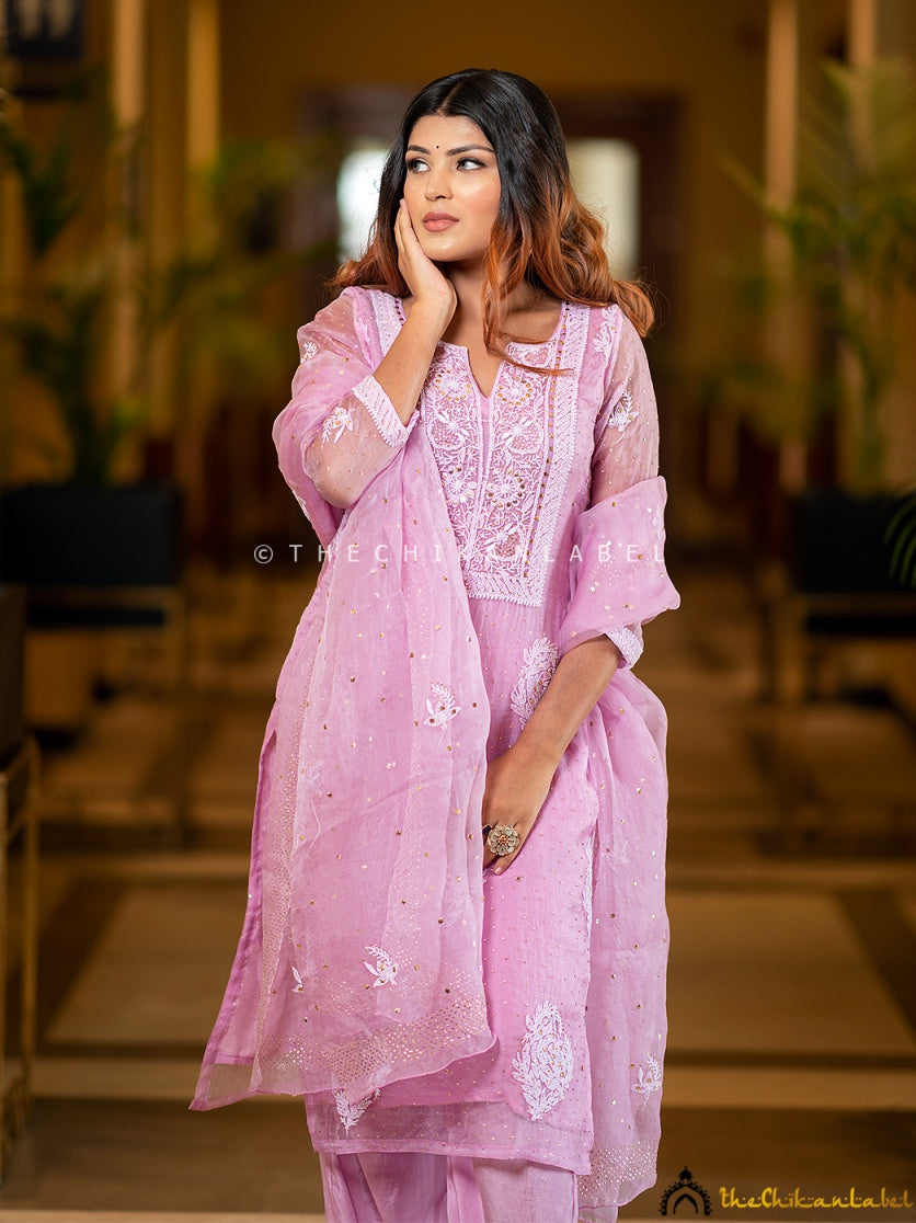 “Front view of organza chikankari stitched kurti paired with embroidered dupatta and straight pants”