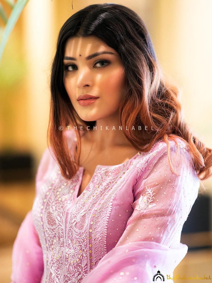 “Luxury organza fabric stitched chikankari kurti set with dupatta and pant for weddings and parties”