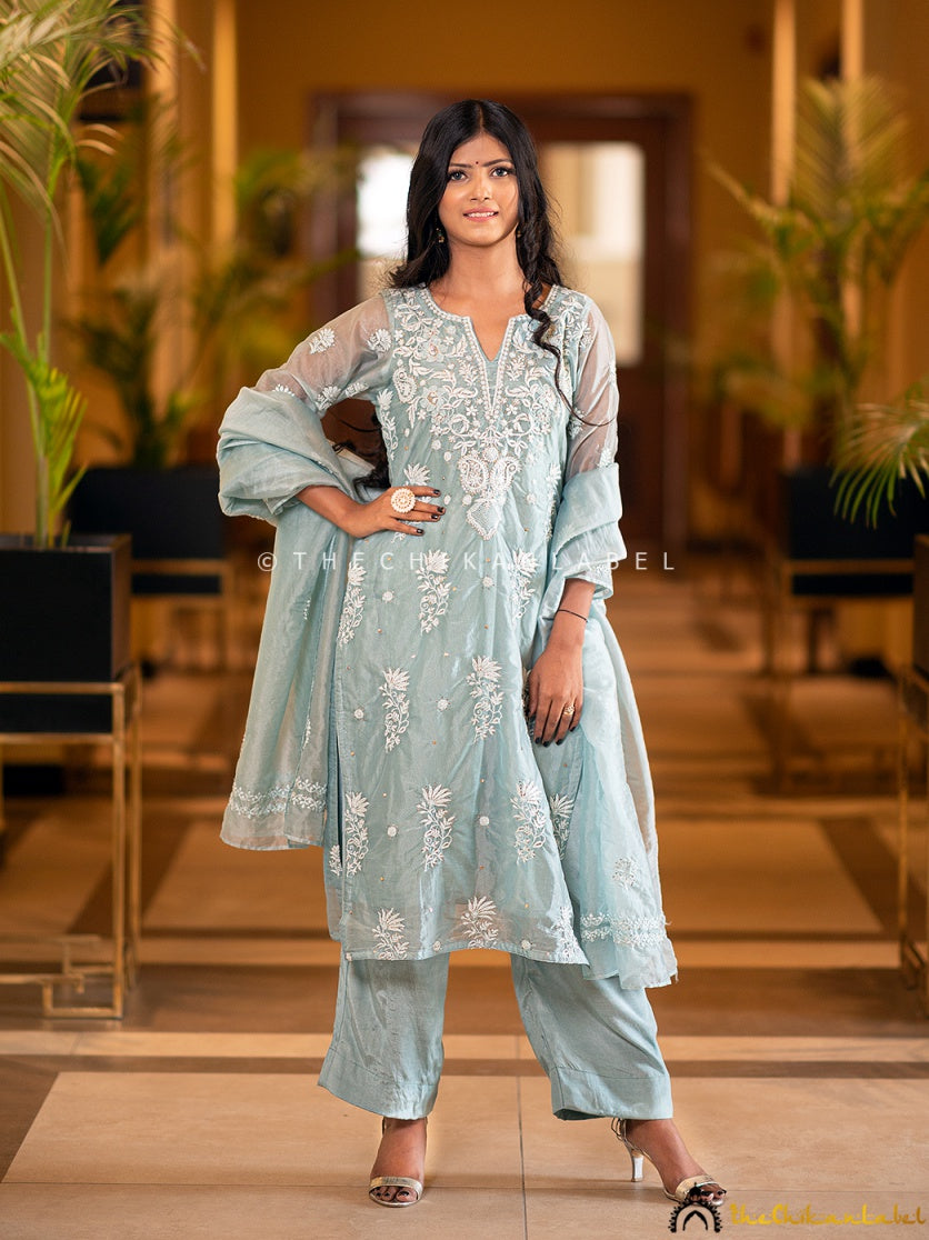 “Straight cut organza chikankari kurti stitched set with embroidered dupatta and coordinated pant”