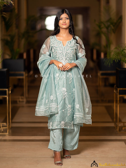 Teal Green Tahilya Pure Organza Chikankari Kurti Pant Set