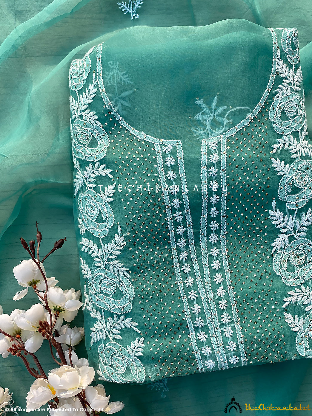 Teal Green Tahilya Un-Stitched Pure Organza Chikankari Suit