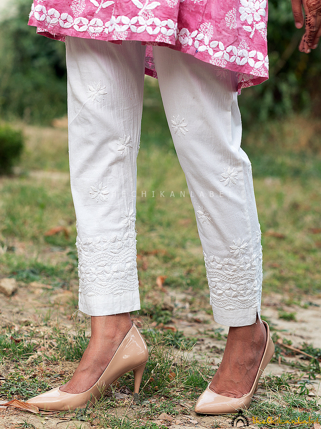 White Laher Lycra Straight Chikankari Cigarette Pant, Shop now from a collection of chikankari cigarette pants at Thechikanlabel, Buy lucknow chikankari straight cigarette pants online at best price.