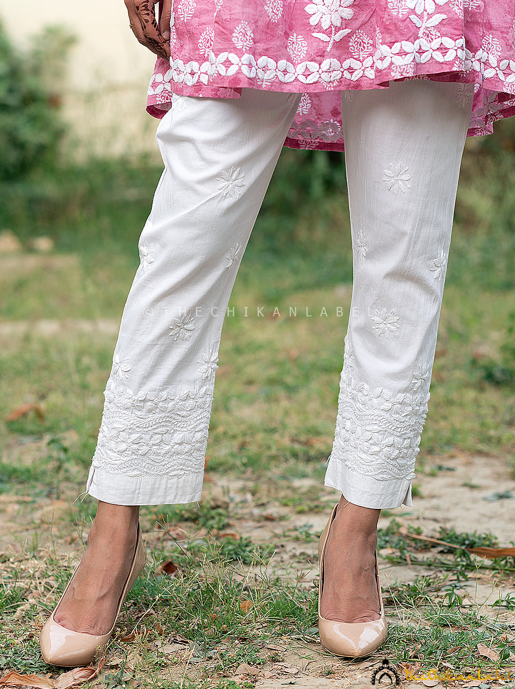 White Laher Lycra Straight Chikankari Cigarette Pant, Shop now from a collection of chikankari cigarette pants at Thechikanlabel, Buy lucknow chikankari straight cigarette pants online at best price.