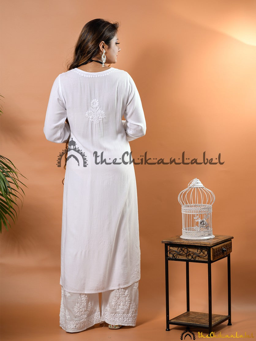 Buy chikankari straight kurti palazzo dupatta set online at best prices, Shop authentic Lucknow chikankari handmade kurta kurti palazzo dupatta set in rayon fabric for women 2