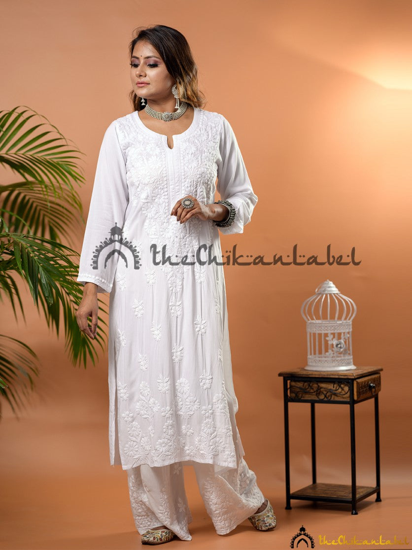 Buy chikankari straight kurti palazzo dupatta set online at best prices, Shop authentic Lucknow chikankari handmade kurta kurti palazzo dupatta set in rayon fabric for women 3