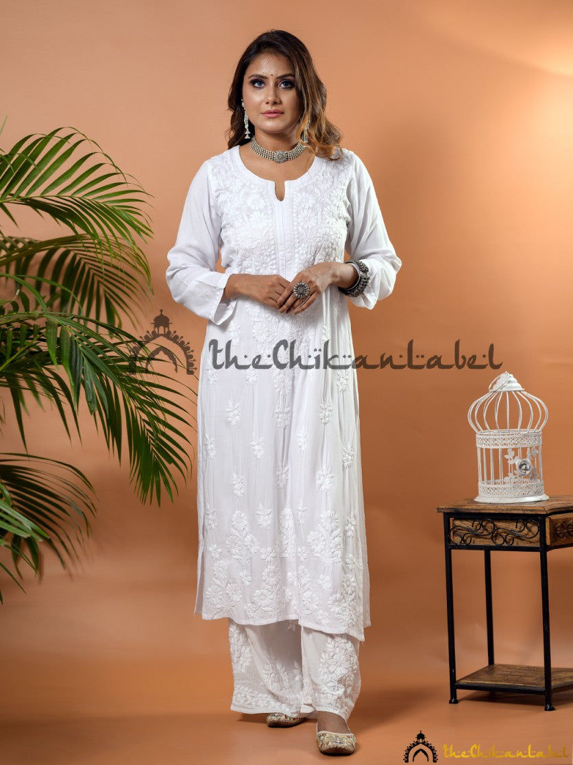 Buy chikankari straight kurti palazzo dupatta set online at best prices, Shop authentic Lucknow chikankari handmade kurta kurti palazzo dupatta set in rayon fabric for women 4