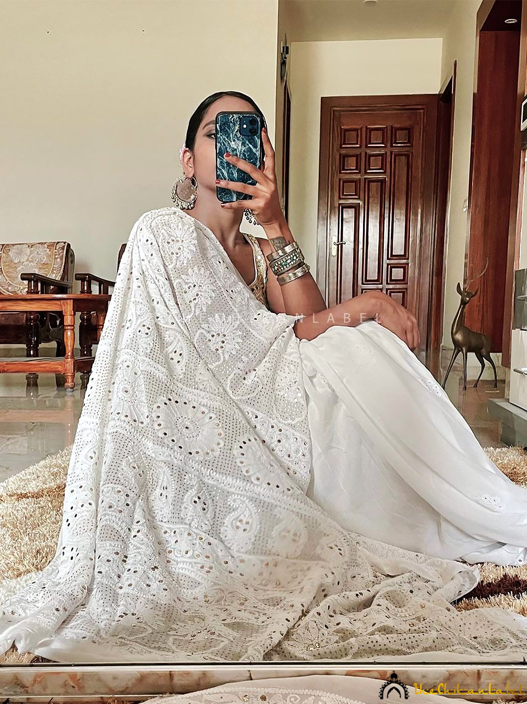 White Begum Viscose Chikankari Saree - Thechikanlabel