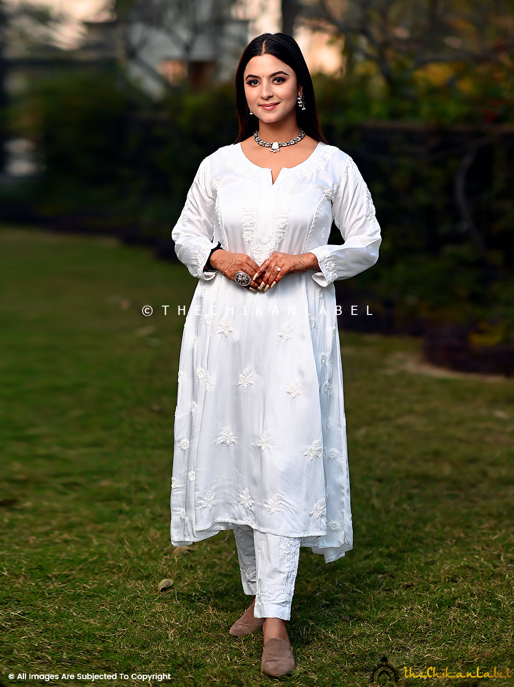 White Isha Modal Satin Chikankari A-Line Kurti ,Chikankari A-Line Kurti in Modal Fabric For Woman