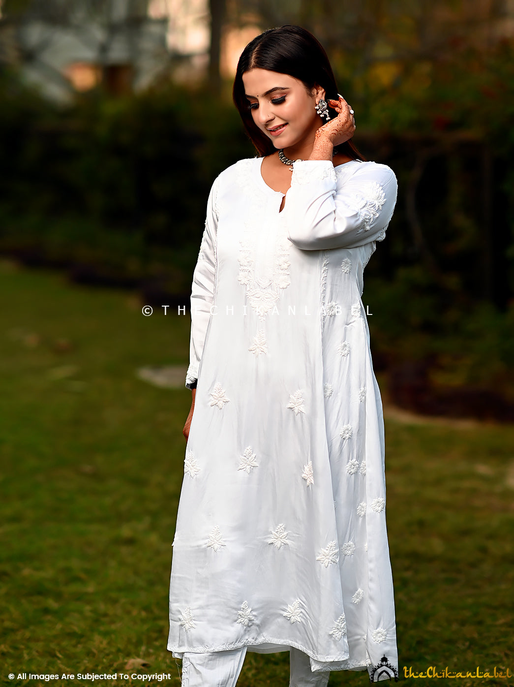 White Isha Modal Satin Chikankari A-Line Kurti ,Chikankari A-Line Kurti in Modal Fabric For Woman