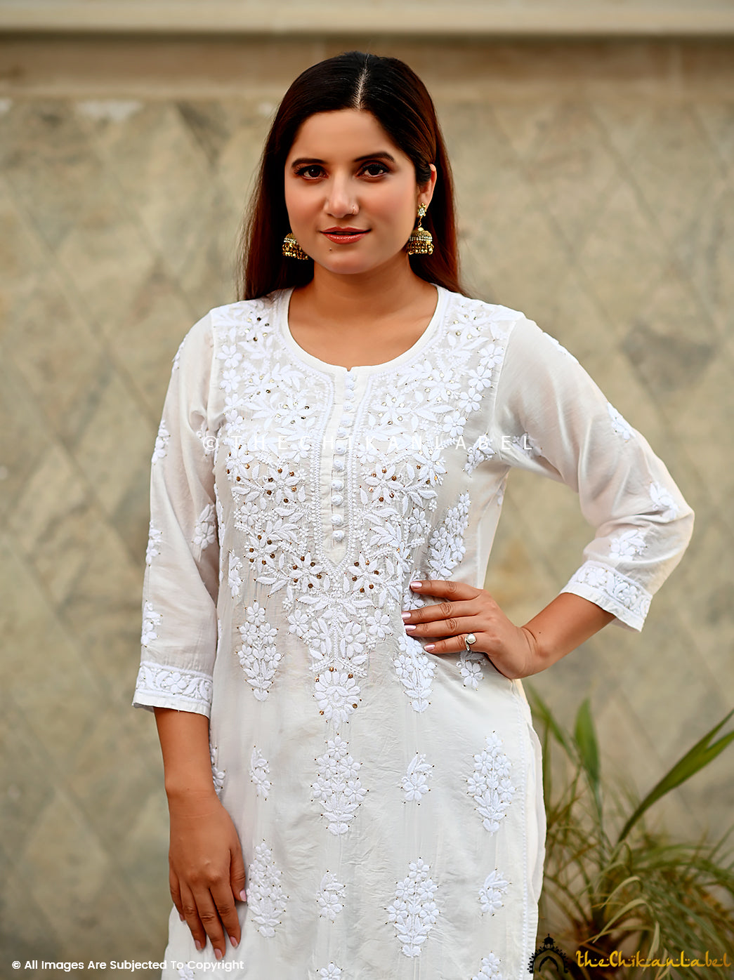 White Aniya Chanderi Chikankari Straight Kurti ,Chikankari Straight Kurti in Chanderi fabric For Woman
