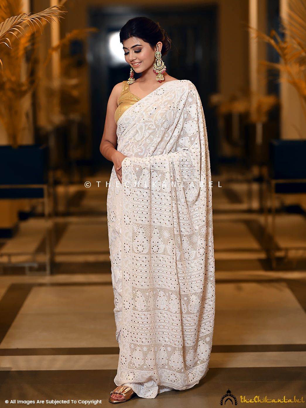 Ivory White Lucknowi Mukaish Work Saree – Dress365days