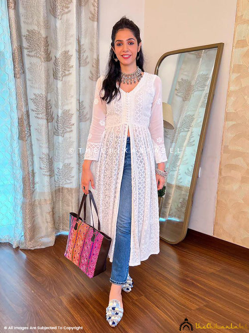 Prerna Chhabra White Naveli Chikankari Slit Kurti