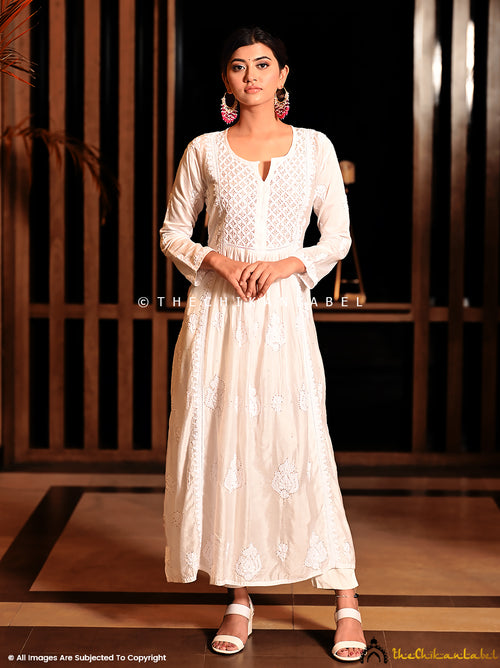 White Rooh Chanderi Chikankari A-Line Kurti