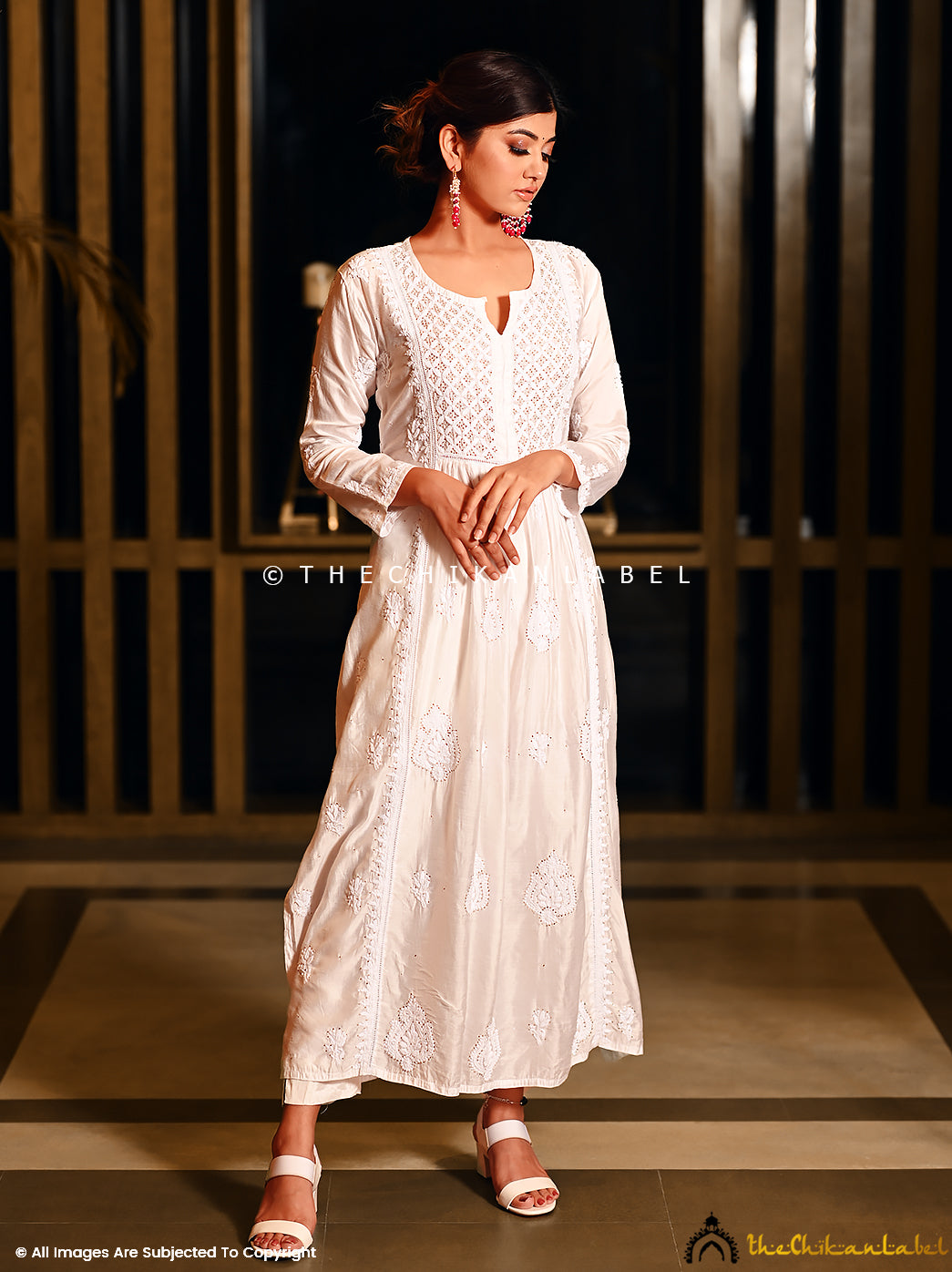 White Rooh Chanderi Chikankari A-Line Kurti ,Chikankari A-Line Kurti in Chanderi Fabric For Woman