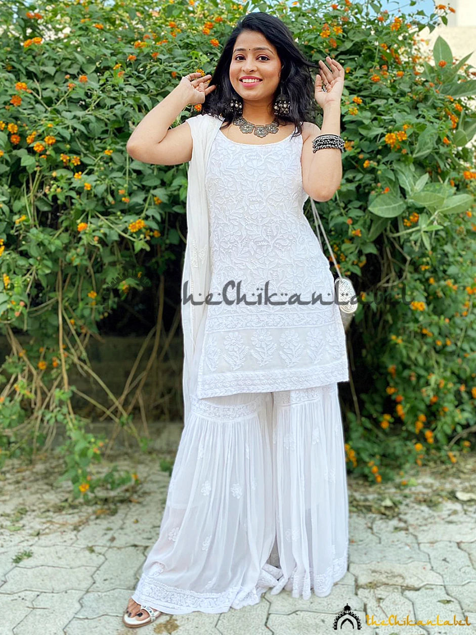 White Viscose Chikankari Strappy Kurta Garara Set