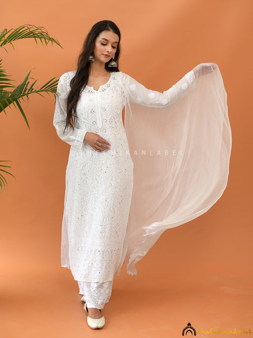 White Sitara Viscose Chikankari Kurta Set