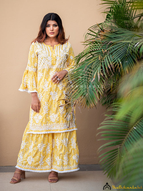 Yellow Bandhani Mulmul Cotton Chikankari Kurti Palazzo Set