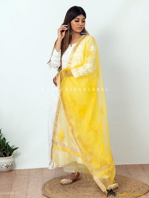 Yellow Organza Chikankari Dupatta Lucknawi Chikan Handmade Stole Scarf