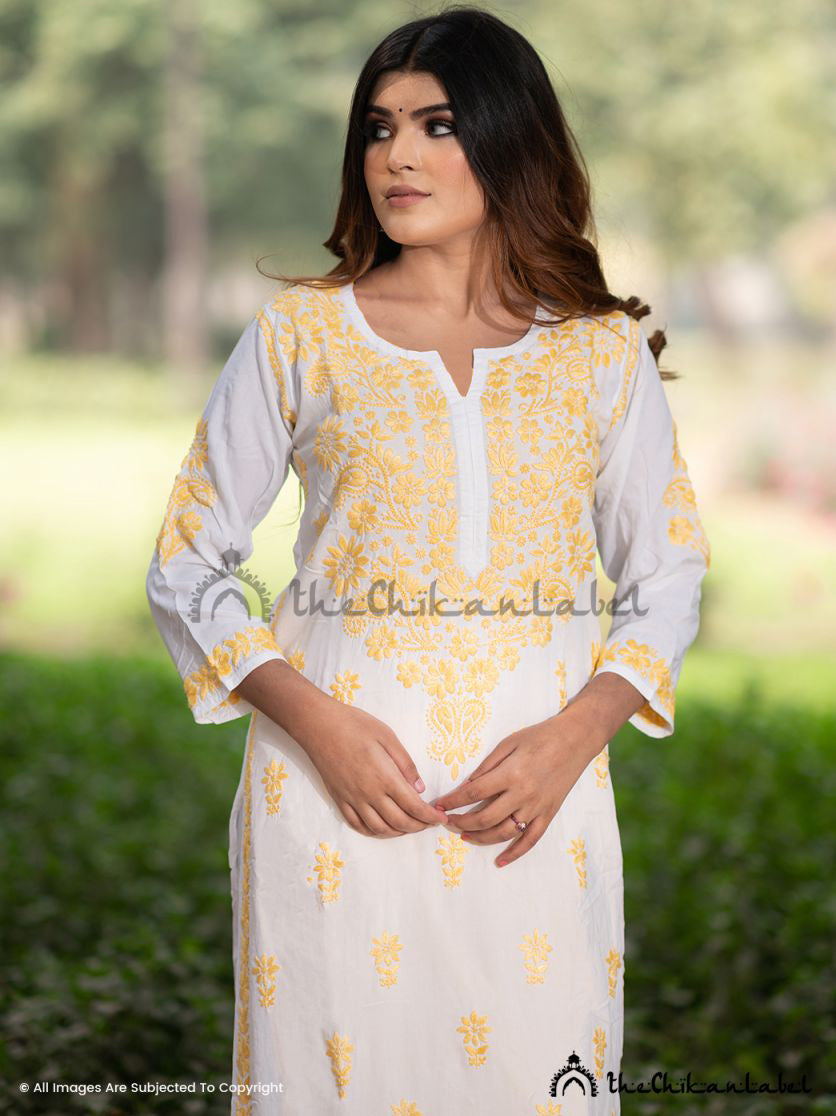 Yellow Aabroo Modal Straight Chikankari Kurti ,Straight Chikankari Kurti in Modal Fabric For Woman