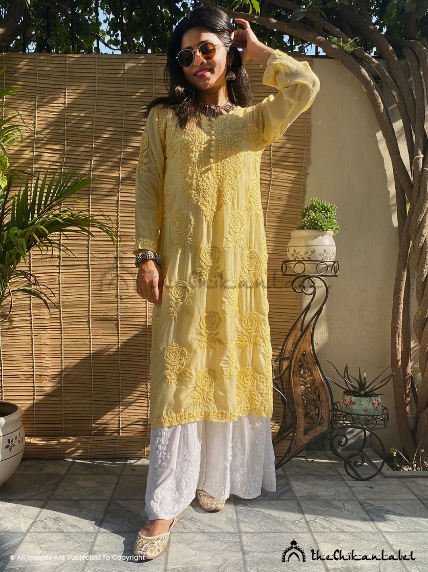 Yellow Gulaab Muslin Chikankari Straight Kurti , Chikankari Straight Kurti in Muslin Fabric For Woman