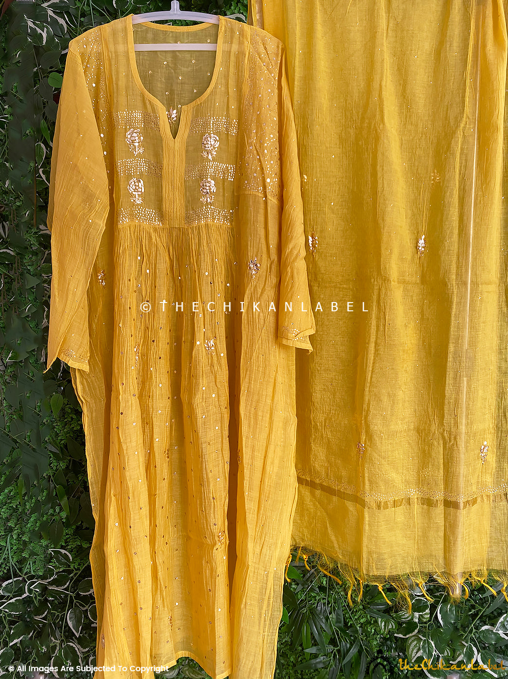Yellow Mayra Mulmul Chanderi Semi-stitched Chikankari Anarkali