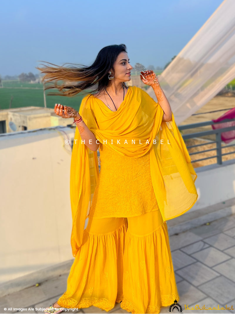 Yellow Chikankari Saree Eesha Handmade Lucknow Chikankari Sari Indian Wear