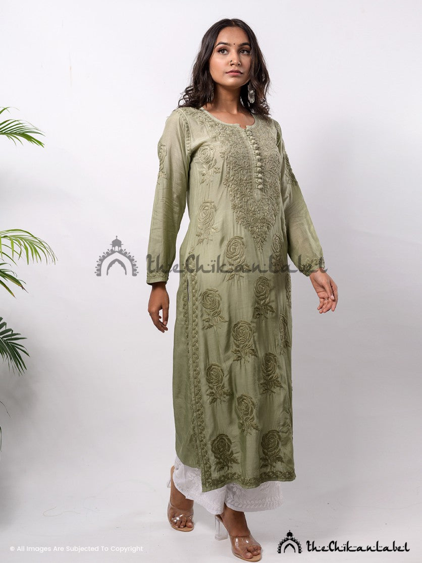 Green Gulaab Muslin Chikankari Straight Kurti ,Chikankari Straight Kurti in Muslin fabric For Woman