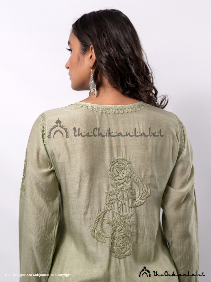 Green Gulaab Muslin Chikankari Straight Kurti ,Chikankari Straight Kurti in Muslin fabric For Woman