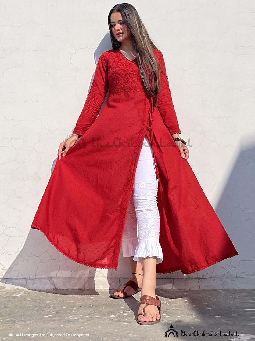 Long red kurti and pant with beautiful floral prints - Kurti Fashion